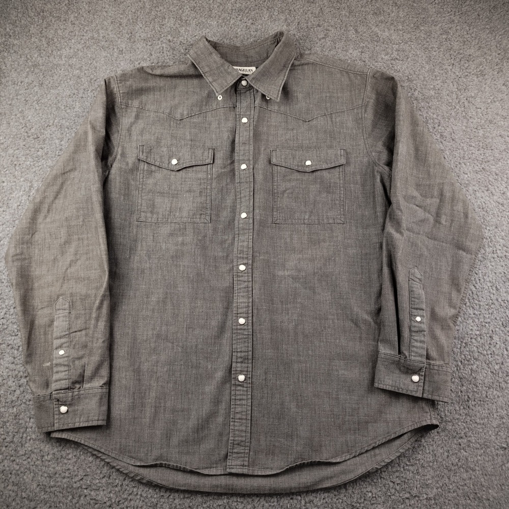 Magellan Pearl Snap Shirt Mens Large Classic Fit Grey Flex Western Button Down